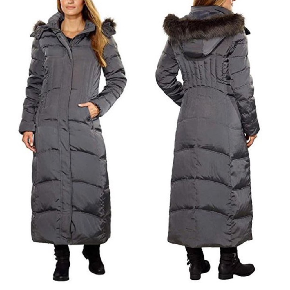1 MADISON Women's Hooded Maxi Luxe Down Parka Coat Gunmetal gray L
